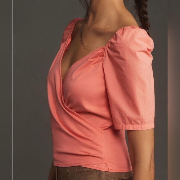 By Anthropologie Women's Puff-Sleeve Wrap Top in Pink Rose, Size MEDIUM - Picture 4 of 11